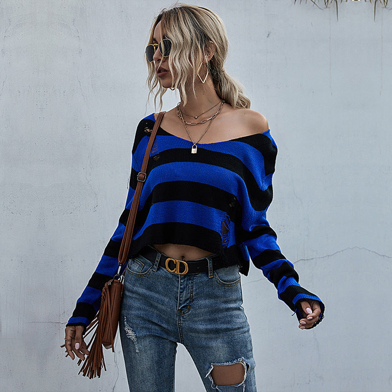Ladies Short Striped Sweater with V-Neck, Used Look and Dropped Shoulders Mune Fashion