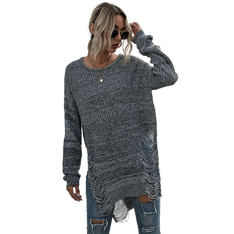 Women Oversized Long Sweater with Fringe Slits and High-Low Hem Mune Fashion