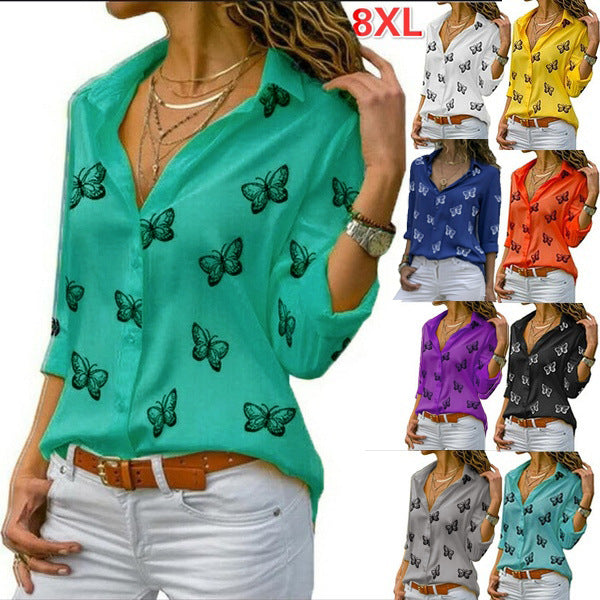 Ladies' relaxed long blouse with butterfly print and shirt collar Mune Fashion
