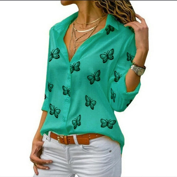 Ladies' relaxed long blouse with butterfly print and shirt collar Mune Fashion