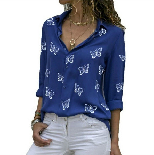 Ladies' relaxed long blouse with butterfly print and shirt collar Mune Fashion