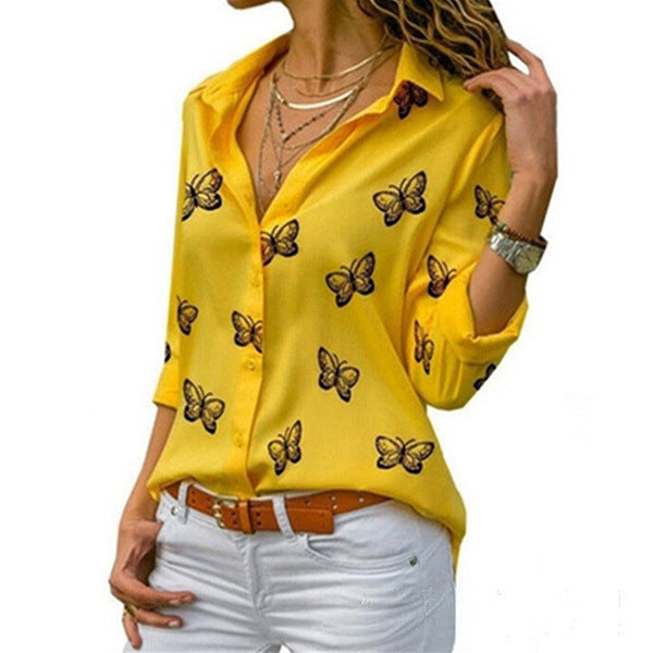 Ladies' relaxed long blouse with butterfly print and shirt collar Mune Fashion