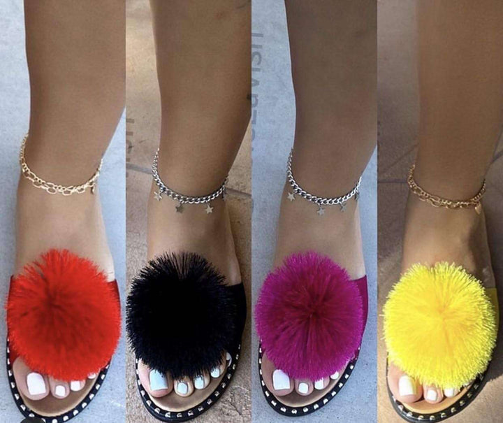 Ladies nan Pompon slide with soft faux fur ball, studded edge and non-slip outsole Mune Fashion