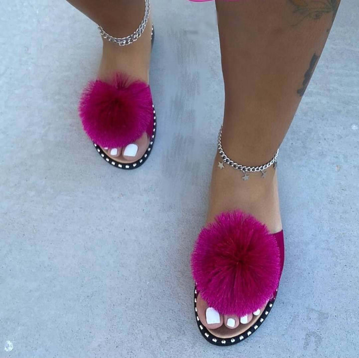 Ladies nan Pompon slide with soft faux fur ball, studded edge and non-slip outsole Mune Fashion