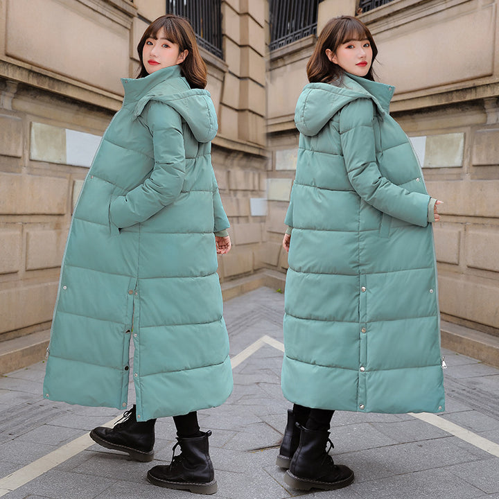 Long women's winter jacket with hood, lined