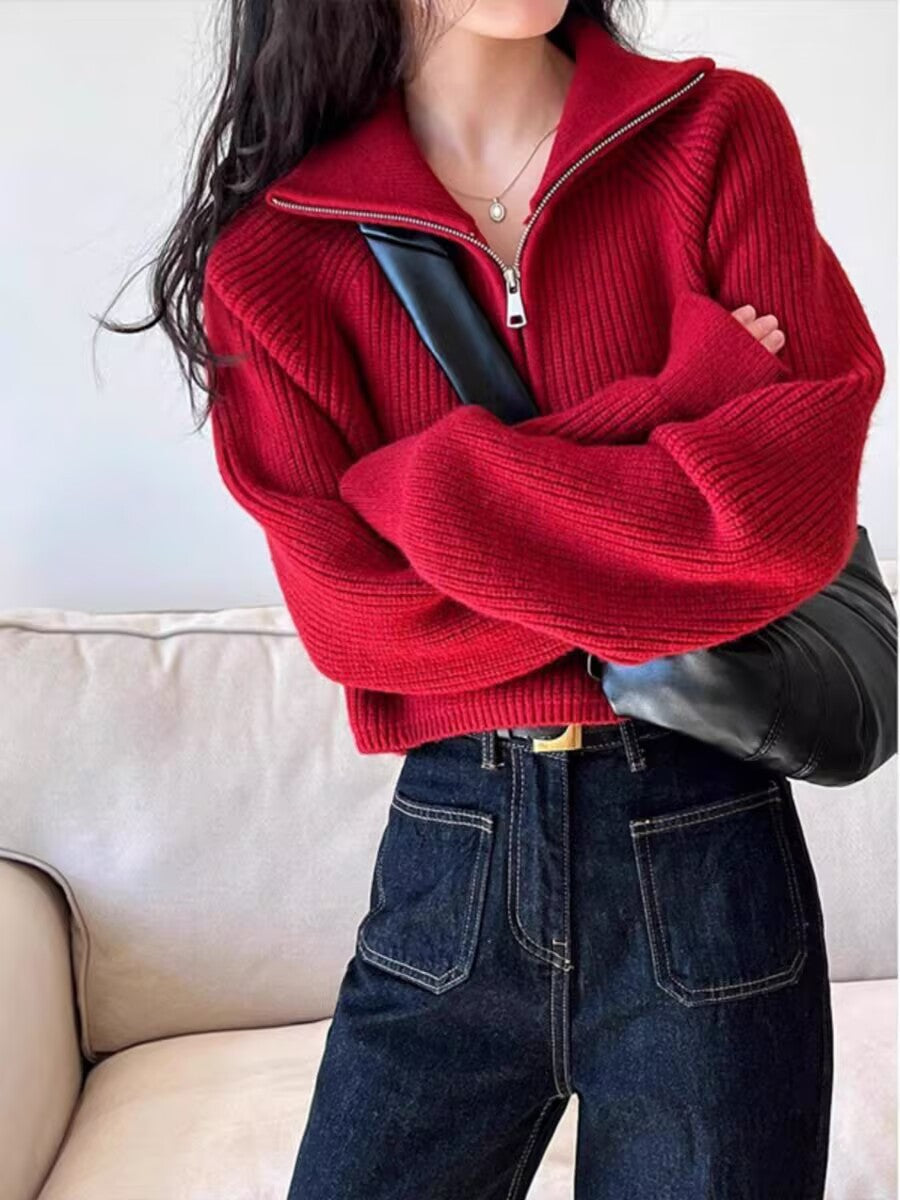 American retro knit sweater with half zipper