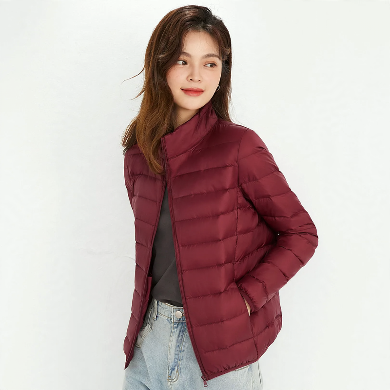Light down jacket for women, stand-up collar, white, duck down