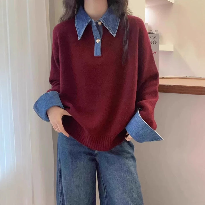 Women's knit sweater with polo collar and denim sleeves
