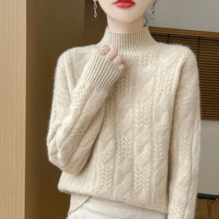 Women's Knit Sweater, Stand-up Collar, Cable Pattern, 3D Look