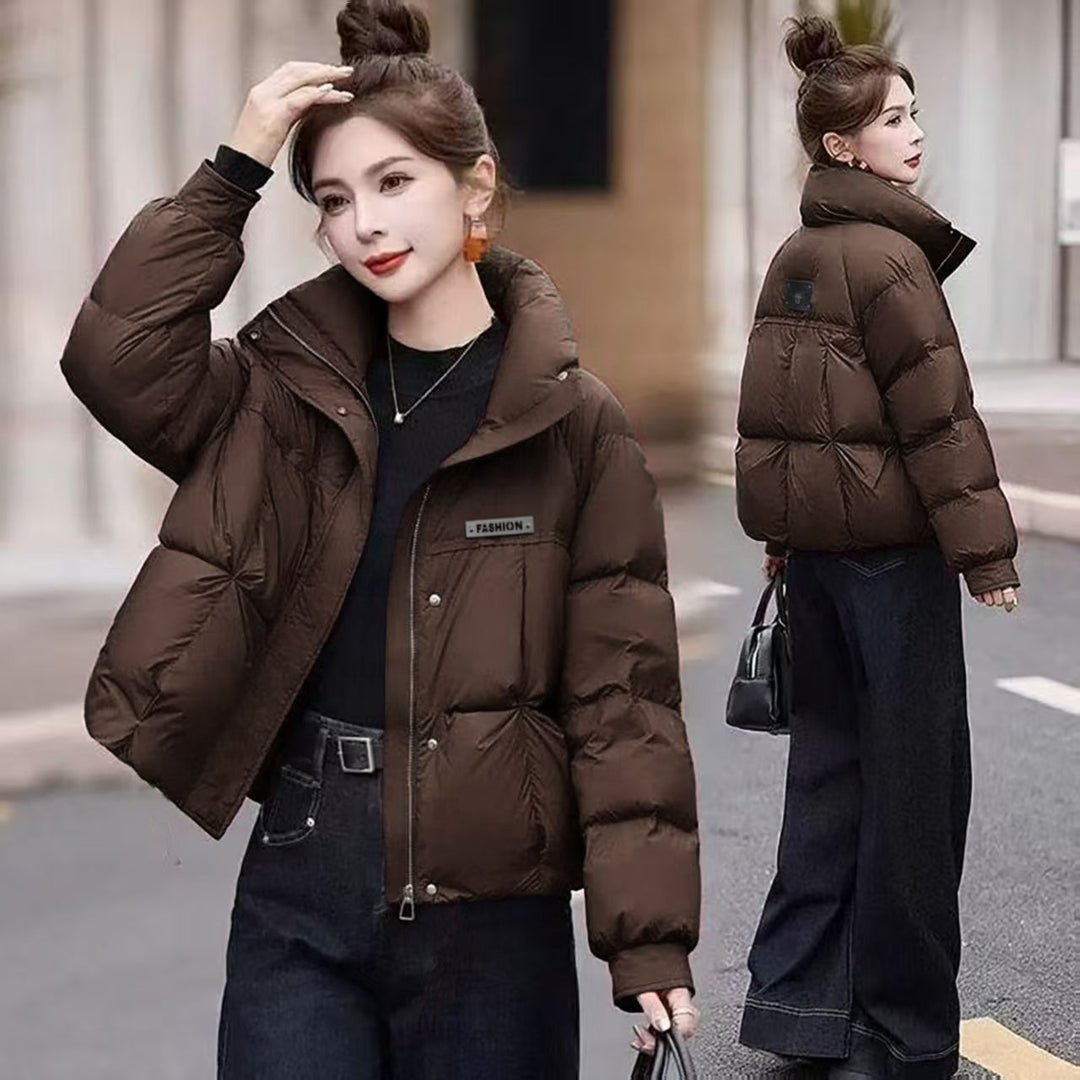 Short women's quilted jacket, stand collar, insulated