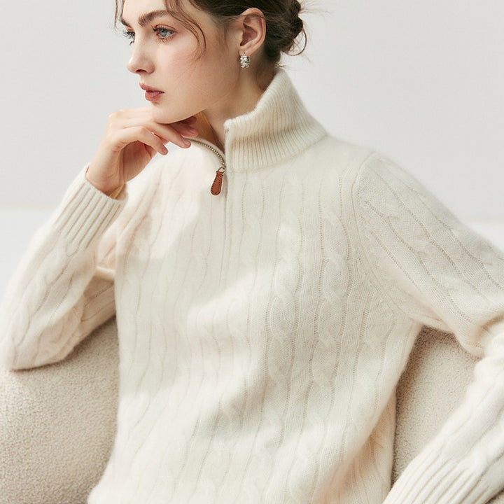 Women's knit sweater with zipper and cable pattern