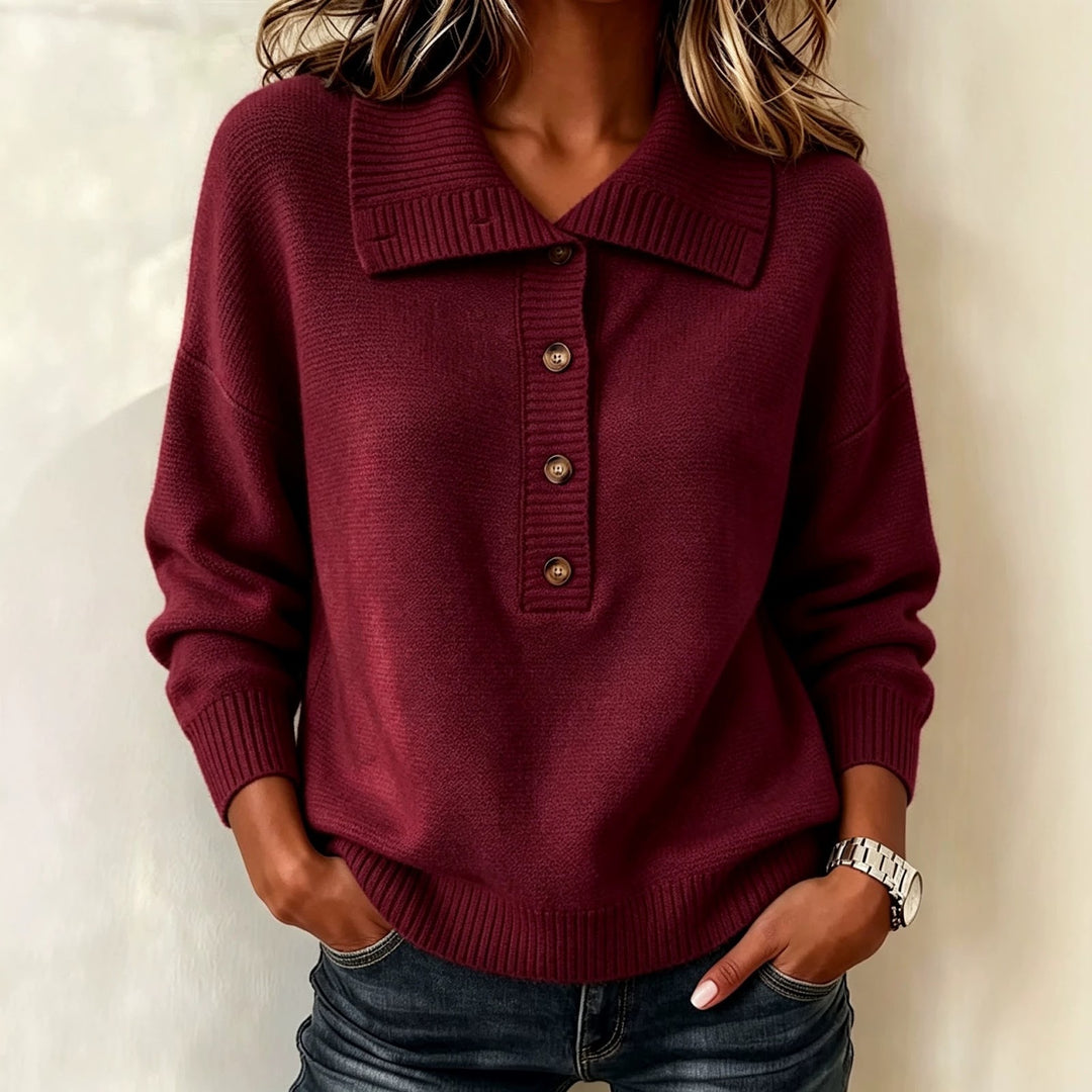 Women's knit sweater with button placket and stand-up collar