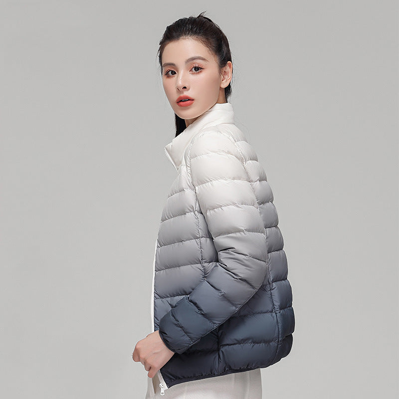 Women's down jacket, short, with stand-up collar and gradient