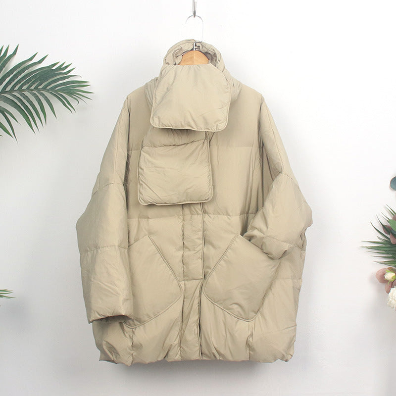 Women's down coat with scarf, mid-length, loose fit