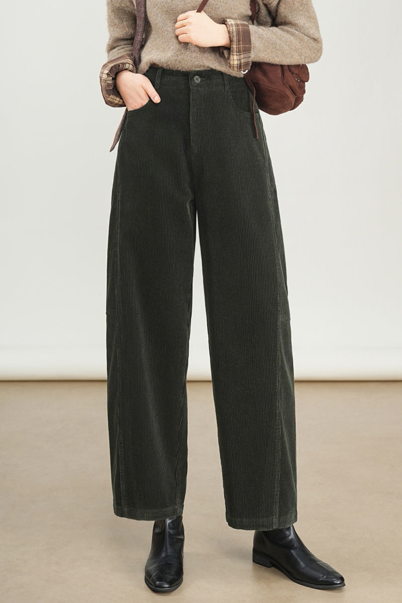 Women’s corduroy pants with a high waistband, straight-cut