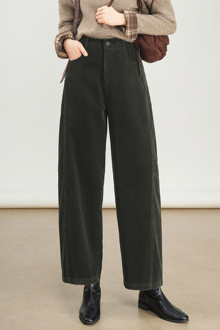 Women’s corduroy pants with a high waistband, straight-cut