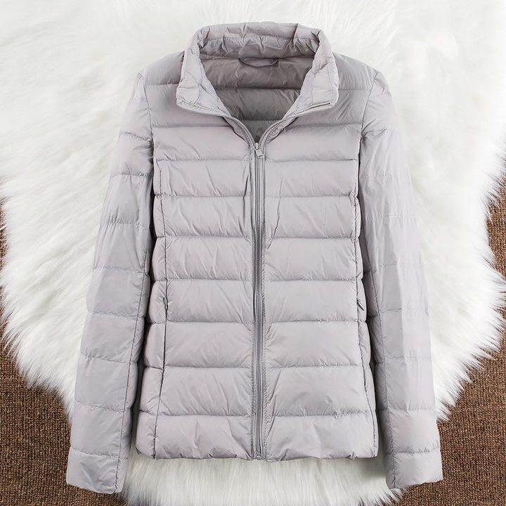 Light women's down jacket with hood and standing collar
