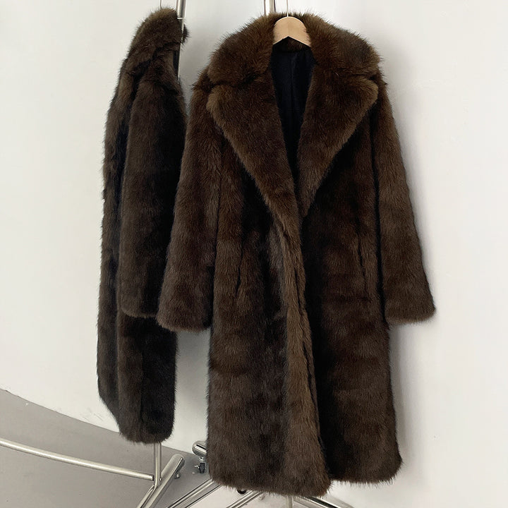 Elegant faux fur coat with lapel collar