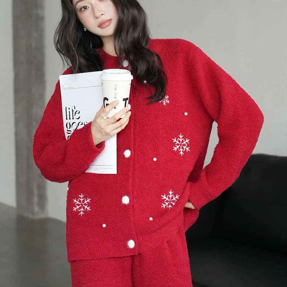 Soft flannel home suit set, red, winter