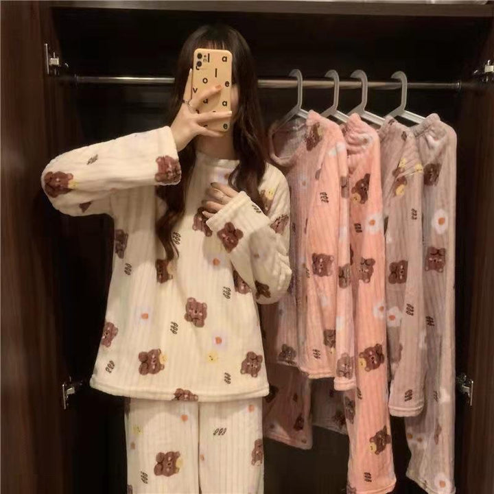 Fluffy coral fleece pajamas with bear motif