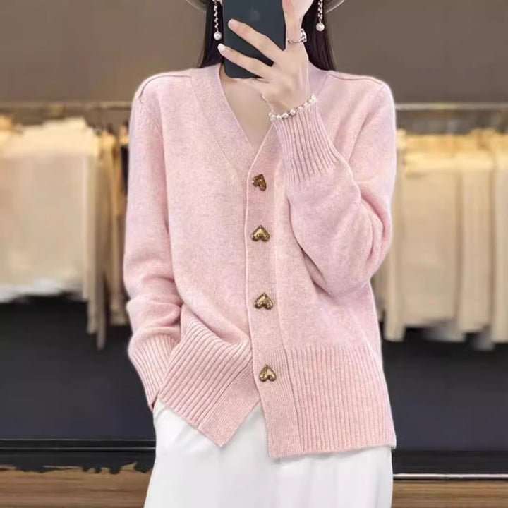 Women's cardigan with V-neck and heart buttons