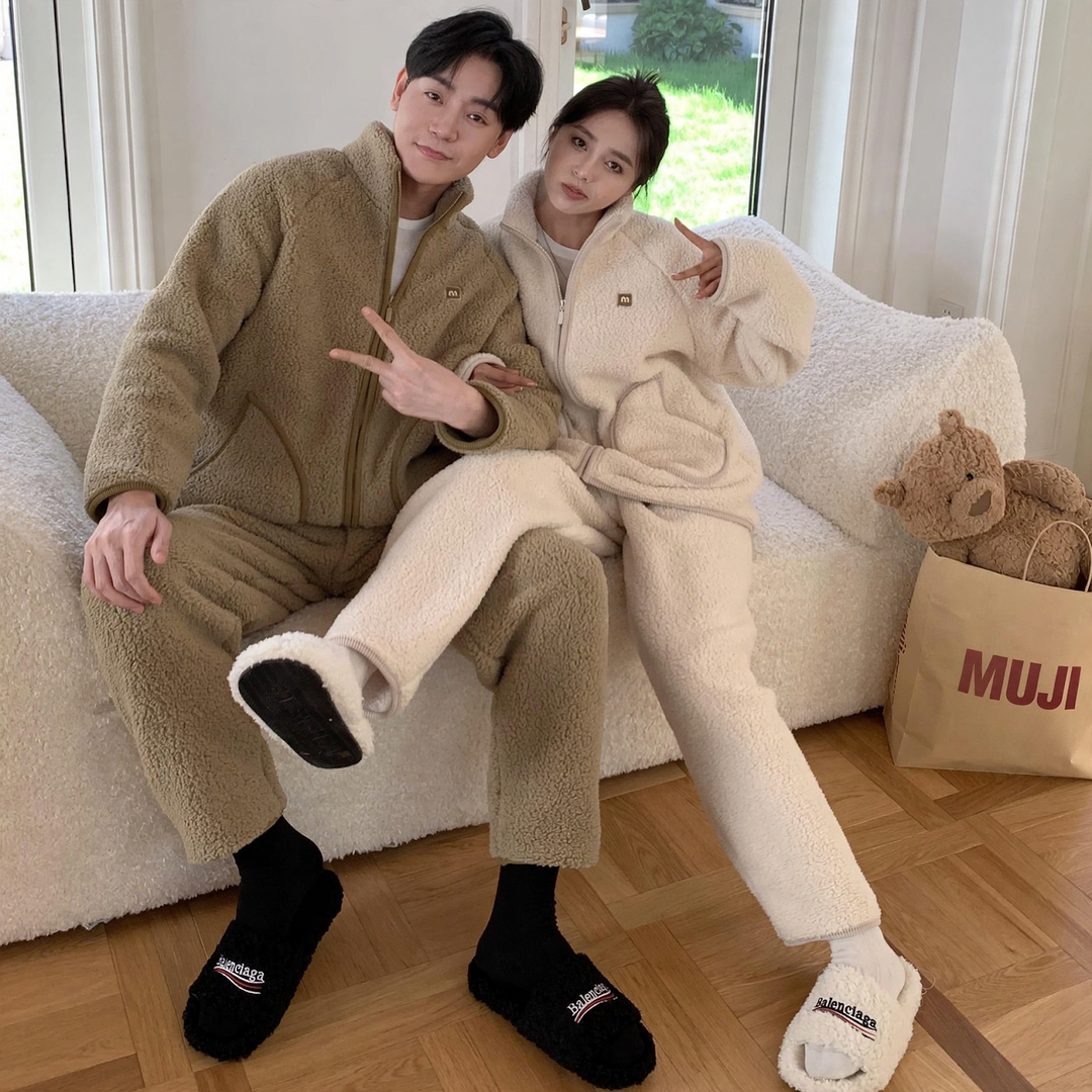 Lamb fleece imitation loungewear with zipper, unisex