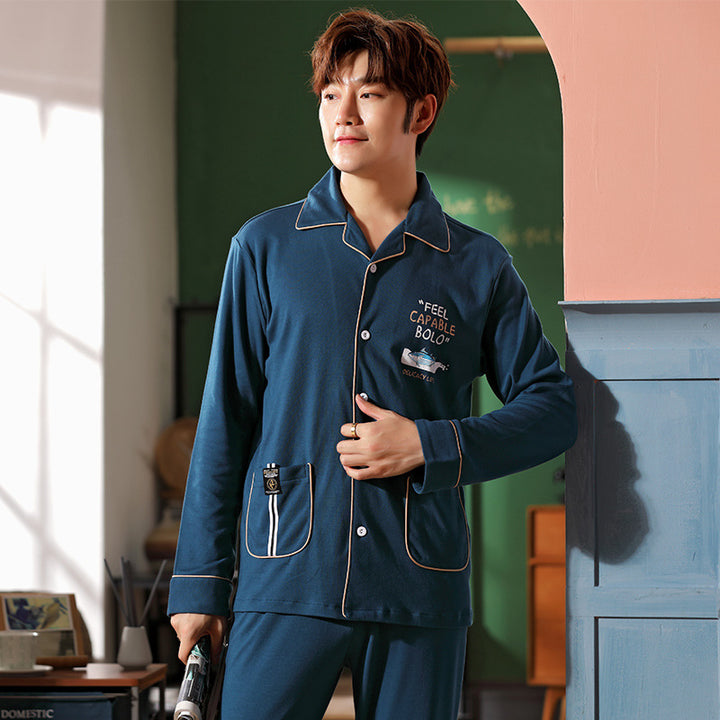 Men's Pajama Set, Cotton, Long Sleeve, with Button Placket