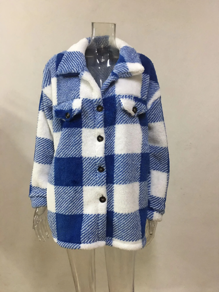 Checkered jacket made of lamb fleece imitation with pockets