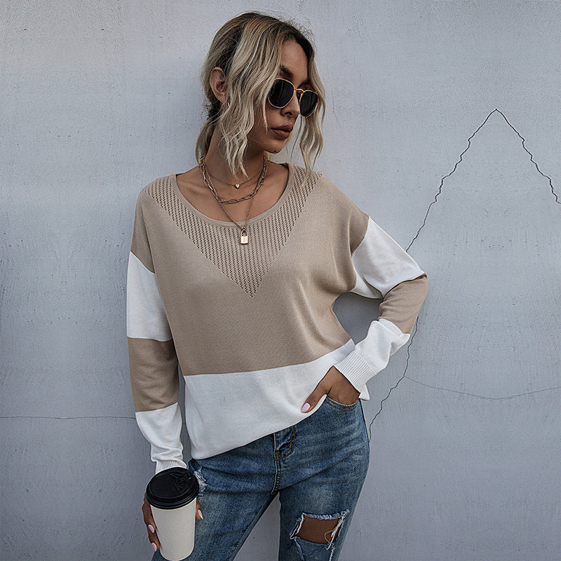 Women's Casual Knitted Sweater with V-Neck and Color Block Mune Fashion