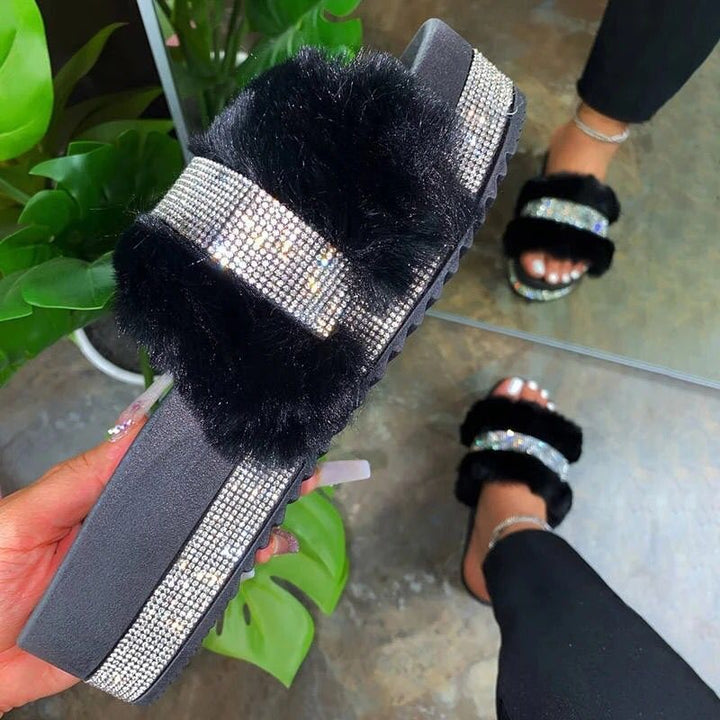 Women's fluffy platform slide with faux fur and rhinestone embellishment Mune Fashion