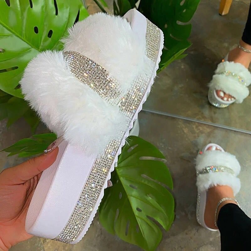 Women's fluffy platform slide with faux fur and rhinestone embellishment Mune Fashion
