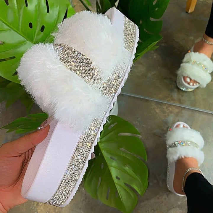 Women's fluffy platform slide with faux fur and rhinestone embellishment Mune Fashion