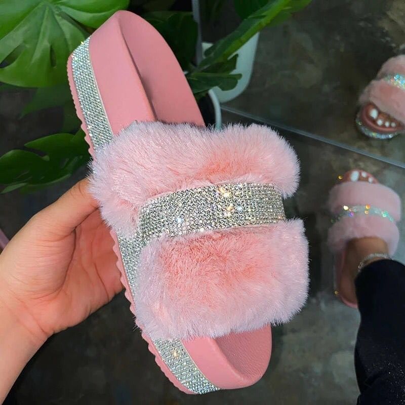 Women's fluffy platform slide with faux fur and rhinestone embellishment Mune Fashion