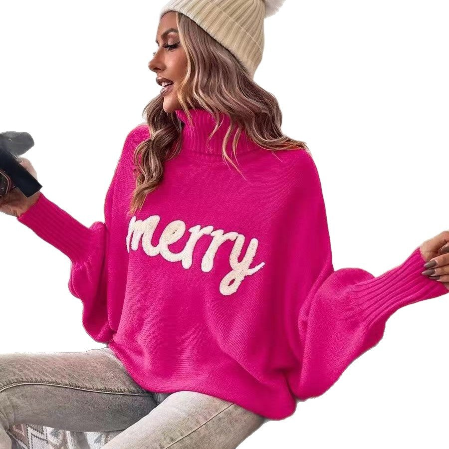 Women's knitted pullover with stand-up collar and embroidery