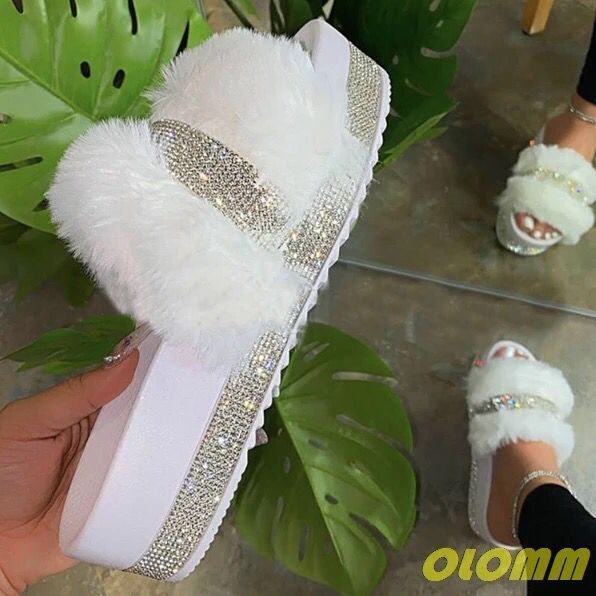 Women's fluffy platform slide with faux fur and rhinestone embellishment Mune Fashion
