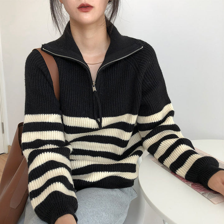 Women's zip-up cardigan with stripe pattern