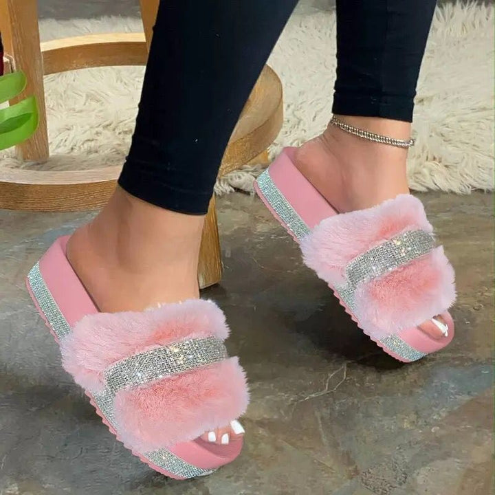 Women's fluffy platform slide with faux fur and rhinestone embellishment Mune Fashion
