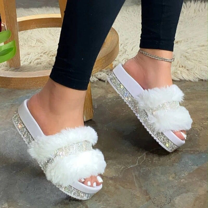 Women's fluffy platform slide with faux fur and rhinestone embellishment Mune Fashion