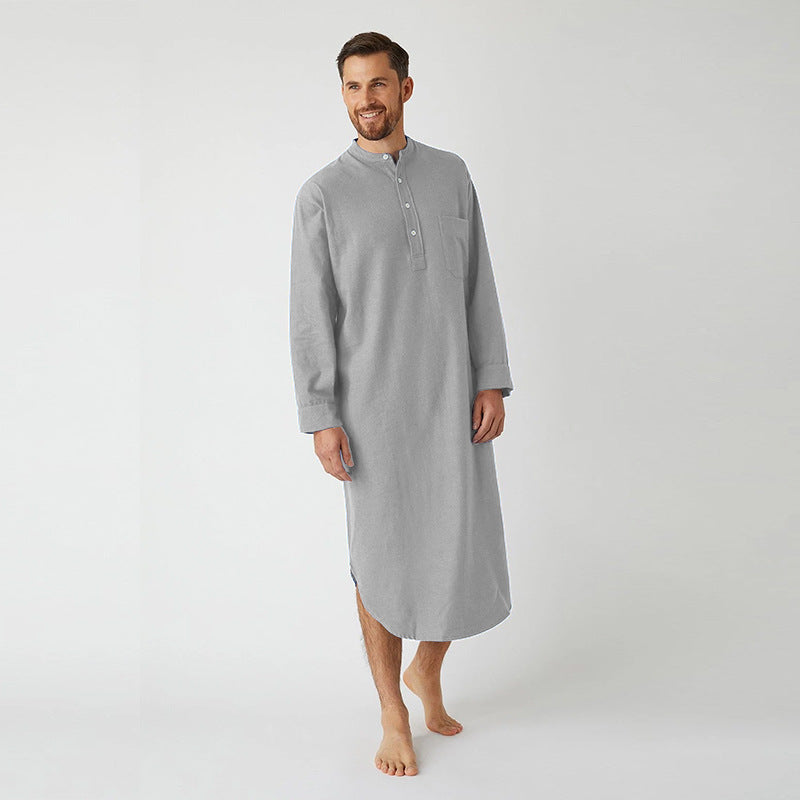 Men's long loose shirt with stand-up collar, chest pocket, and curved hem Mune Fashion