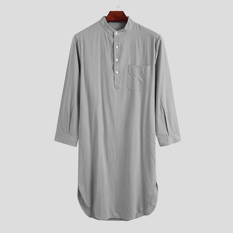 Men's long loose shirt with stand-up collar, chest pocket, and curved hem Mune Fashion
