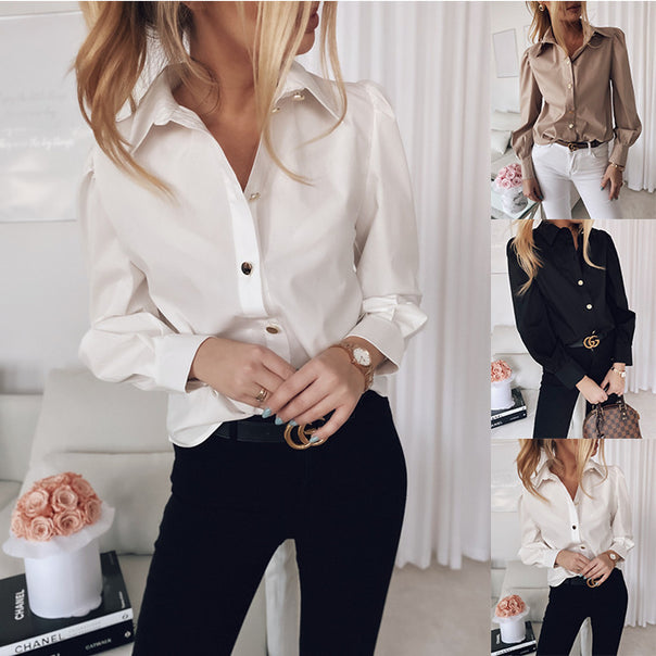 Women Elegant Long Sleeve Blouse with Pearl Buttons and Subtly Gathered Shoulders Mune Fashion