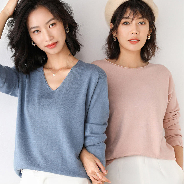 Women Casual Fine Knit V-Neck Sweater with Dropped Shoulders Mune Fashion