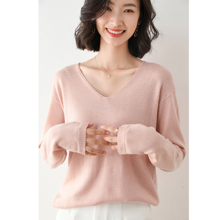 Women Casual Fine Knit V-Neck Sweater with Dropped Shoulders Mune Fashion