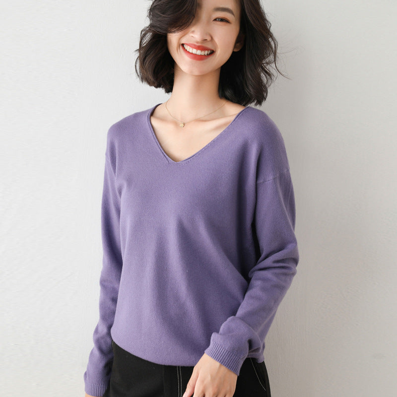 Women Casual Fine Knit V-Neck Sweater with Dropped Shoulders Mune Fashion