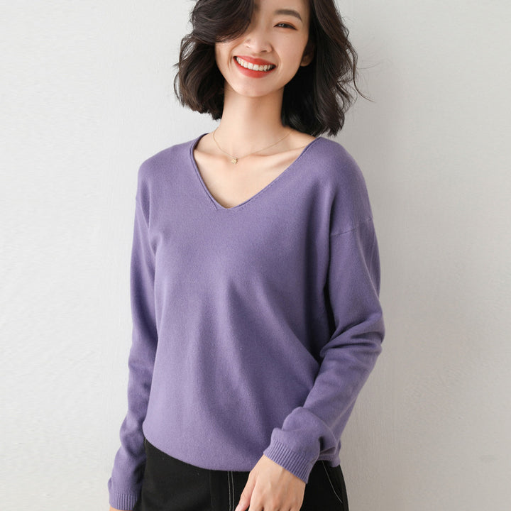 Women Casual Fine Knit V-Neck Sweater with Dropped Shoulders Mune Fashion