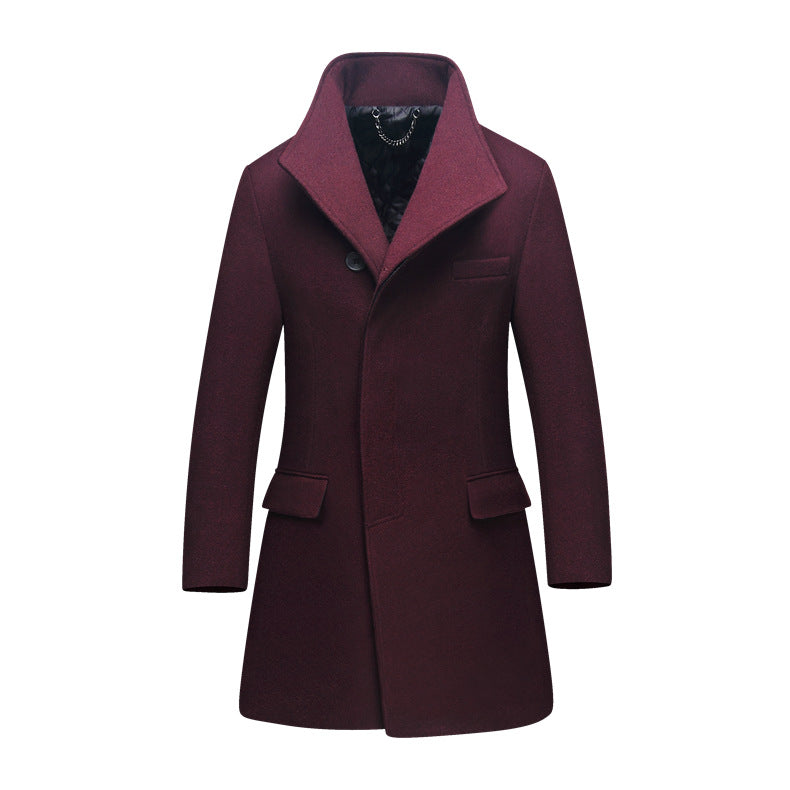 Men's Slim Wool Blend Overcoat with High Stand Collar and Quilted Thermal Lining Mune Fashion