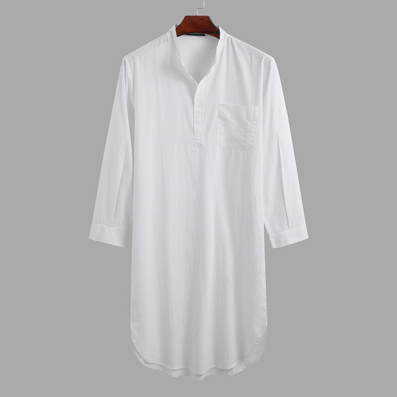 Men's long loose shirt with stand-up collar, chest pocket, and curved hem Mune Fashion