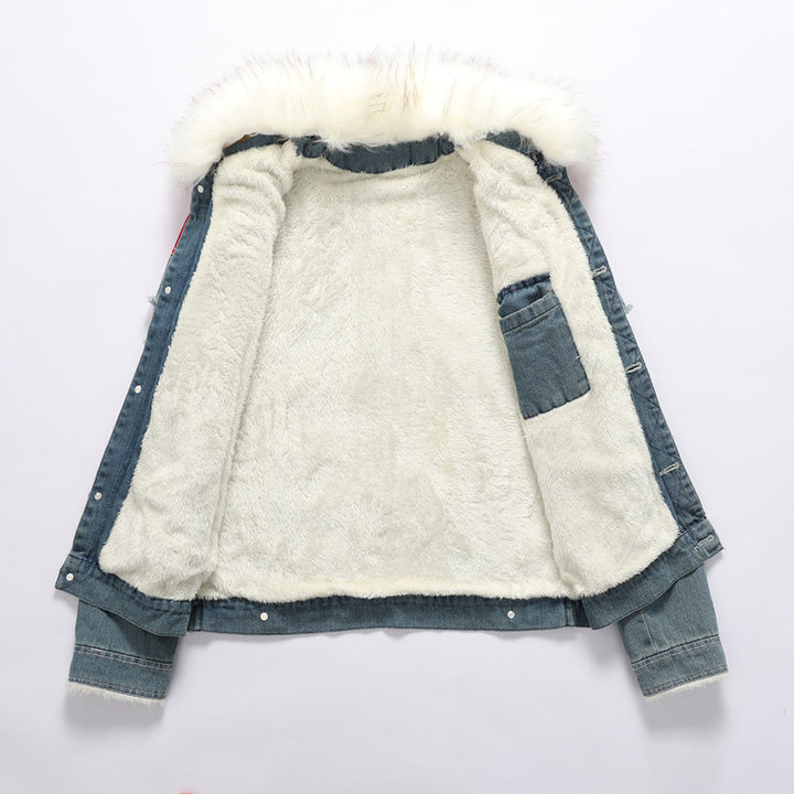 Men's Denim Worker Jacket with Faux Fur Collar, Teddy Lining and Red Shoulder Patches Mune Fashion