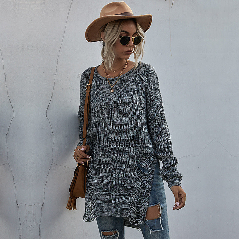 Women's chunky knit long sweater with side fringes and ribbed hem Mune Fashion