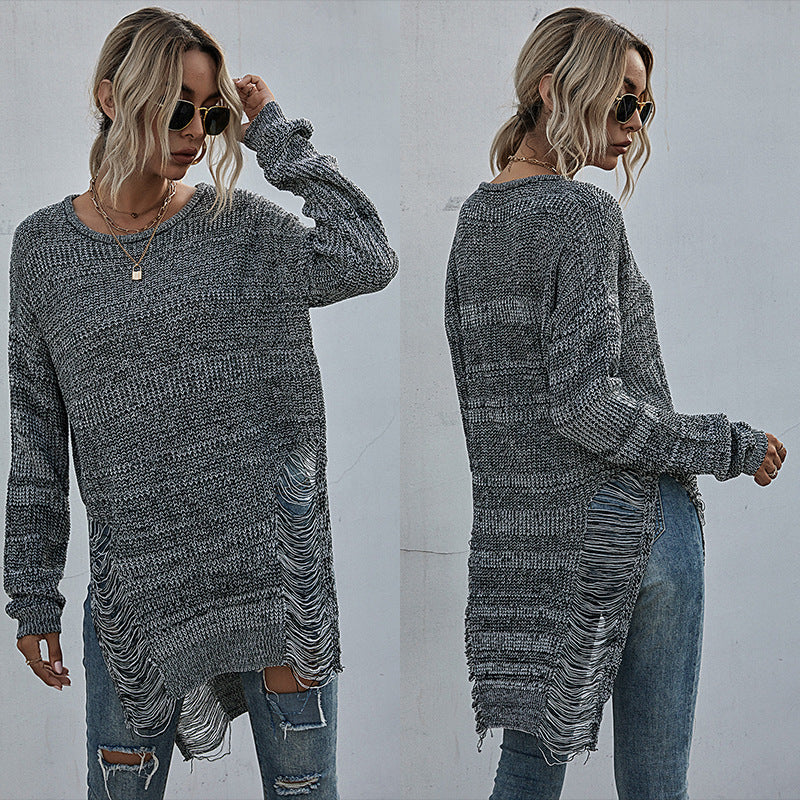 Women's chunky knit long sweater with side fringes and ribbed hem Mune Fashion